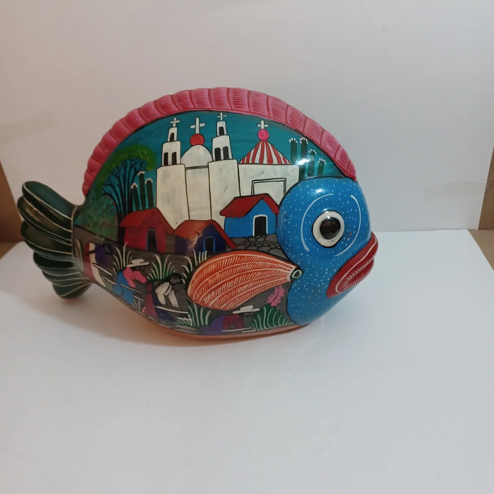 Handpainted Terracotta Mexican Folk Art Large Fish 15X9.5